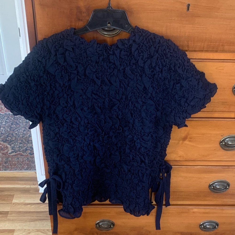 Zara Dark Blue Textured Short Sleeve Top